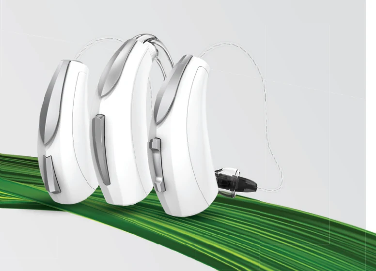 Aparelhos retroauriculares da família Arc AI, fotografia extraída do folder AudioSync, imagem de linha ilustrativa